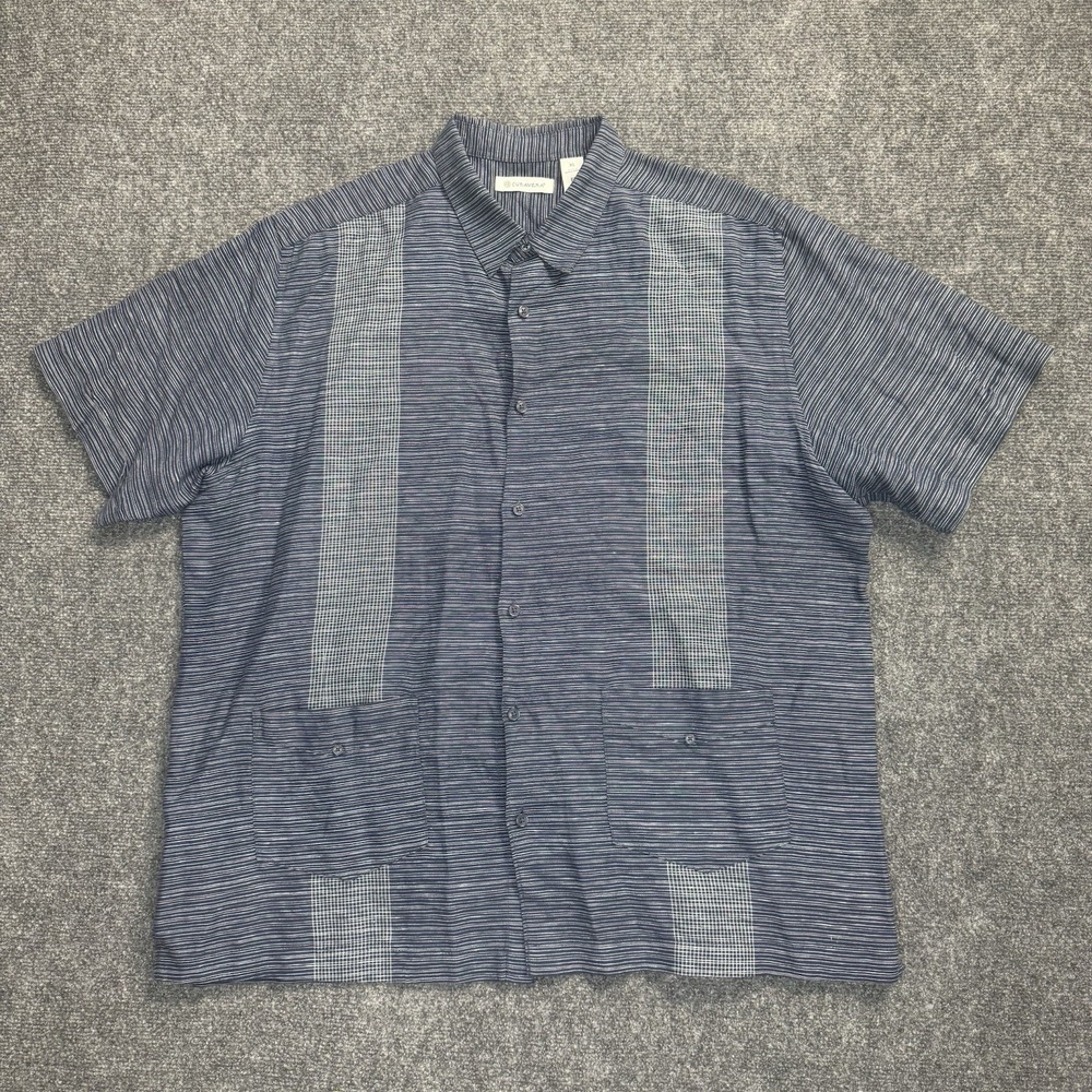 Cubavera Mens XL Navy Blue Linen Cotton Shirt Embroidered Short Sleeve Button Up
